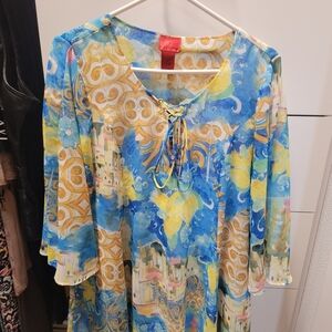 V Christina Size Large, Swirl Pattern Blouse in Blue and Gold, Excellent Conditi